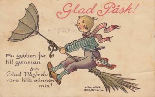 Old Vintage Postcard Easter Witch Boy On Broom Umbrella From Sweden Small Card