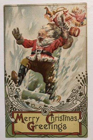 Unusual Santa Claus On Board Falling Down Hill Antique Christmas Postcard - K306