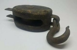 Antique Wood Block & Tackle Pulley And Hook