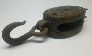 Antique Wood Block & Tackle Pulley and Hook 2