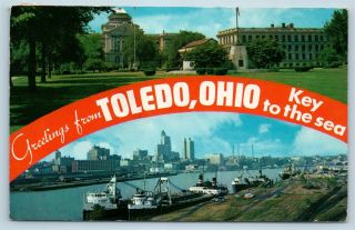 Postcard Oh Banner Dual View Greetings From Toledo Ohio Key To Sea Vintage P5