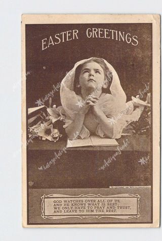 Ppc Postcard Easter Greetings Girl Praying Veil Peace Lilies Roth & Langley