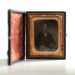 1/9 Plate Portrait Antique Ambrotype Young Man Suit & Bow Tie Case Brass Stars