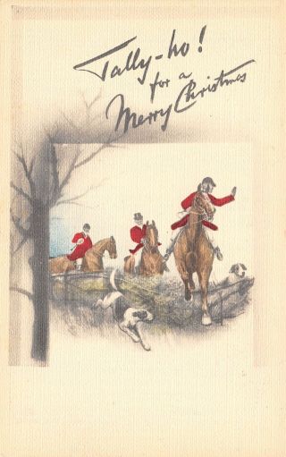 Tuck Colored Crayon Christmas Tally Ho Fox Hunters & Hounds Leap Fence C1908 Pc