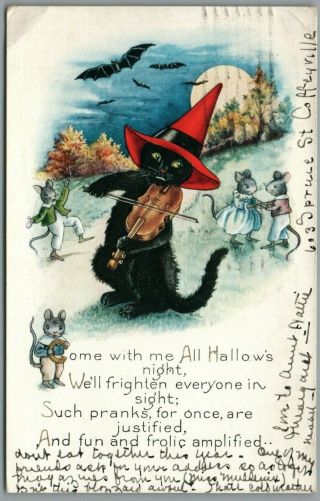Dressed Mice,  Black Witch Cat Playing Violin,  Whitney Made Halloween Postcard
