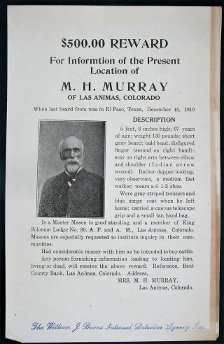 Missing Las Animas Colorado Cattle Rancher Ca 1910 William Burns Detective Post