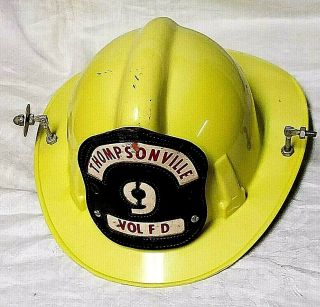 Rare Msa Yellow Firefighter Fire Helmet With Leather Badge Thompsonville Il.