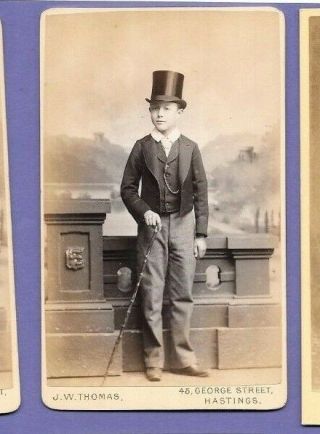 Boy With Top Hat & Cane Vintage Old Cdv Photo Thomas & Hastings Lm