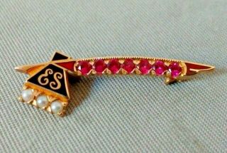 Antique Literary Society 14k Yellow Gold Enameled Ruby Pearl Brooch Pin