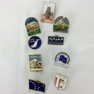 Vtg Alaska Souvenir Pins Travel Set Of 9