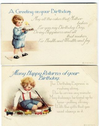 Ellen Clapsaddle 2 Birthday Postcards 1921 Little Boy Toy Train And Cake
