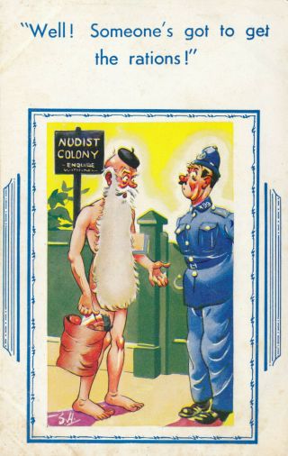 Comic; 1900 - 10s Nudist Colony,  Man Covered By Long Beard Talking To Policeman