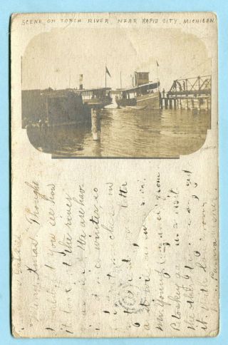 1906 Rapid City Mi Rppc Lake Steamship & Dock On Torch River Kalkaska