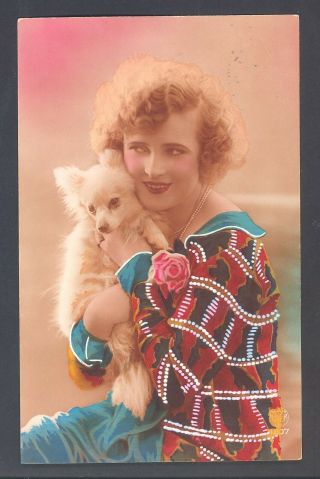French Art Deco - Hand Tinted Real Photo Postcard - 1928 - Pretty Lady With Dog