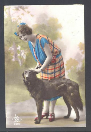 French Art Deco - Hand Tinted Real Photo Postcard - 1927 - Pretty Lady With Dog