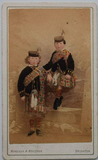 Photo Carte De Visite Cdv Scottish Costume Boys Boucher Tinted Brighton Sussex