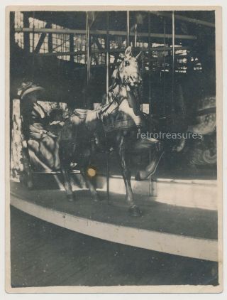 Woman Child On Carved Carousel Horse Vtg 1910 