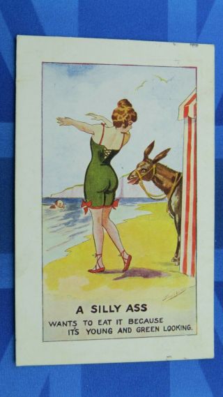 Risque Comic Postcard 1920 Seaside Beach Donkey Bathing Beauty Bottom Silly Ass