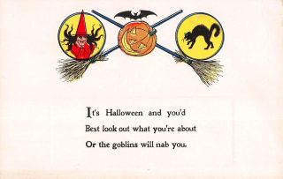 Halloween Postcard Witch,  Black Cat,  Jack - O - Lantern,  Bat,  Broomstick 108145