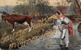" Going A Milking " In Greentown Ohio Farmer Carries Maid Over Creek Cows 1909 Pc