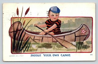 Postcard Paddle Your Own Canoe Boy Lake Funny Humor 1909 Belleville Il A31