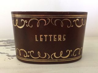 Letter Holder: Vtg Mid - Century 50s - 60s Brown Faux Leather Oval Desktop Organizer