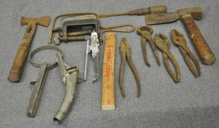 Vintage Crate Hammer Axe Hatchet Nail Puller Pliers oil wrench knife 15 pc total 3