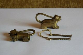 Vintage 2 Figural Brass Dog Push Padlock Locks With 2 Keys