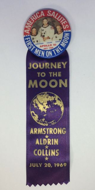 Apollo 11,  Journey To The Moon,  1969 Pin Back & Ribbon.  Nasa Astronauts
