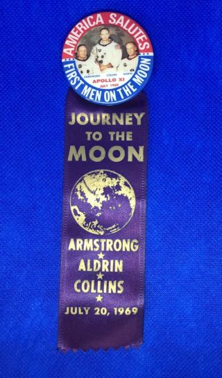 Apollo 11,  Journey to the Moon,  1969 Pin Back & Ribbon.  NASA Astronauts 2