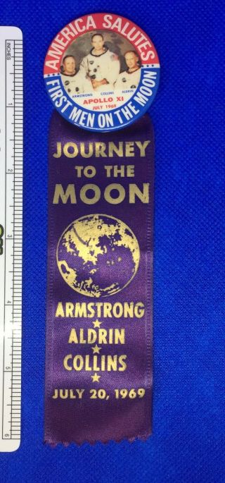 Apollo 11,  Journey to the Moon,  1969 Pin Back & Ribbon.  NASA Astronauts 3