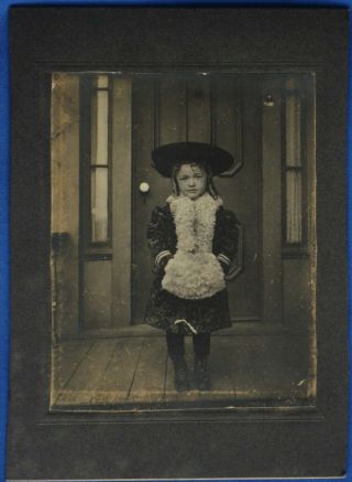 Antique Photo Little Girl Coat Hat White Fur Muff Collar Doorway 1900s