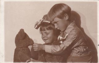 1930s Cute Children Boy & Girl W/ Teddy Bear Toy Old Russian Antique Photo