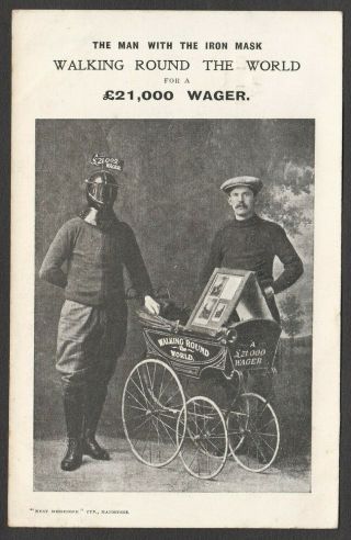 Postcard Man In Iron Mask Pram Walking Round The World For A Wager Posted 1909