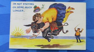 Vintage Comic Postcard 1934 Seaside Beach Donkey Bbw Fat Lady Rodeo Theme