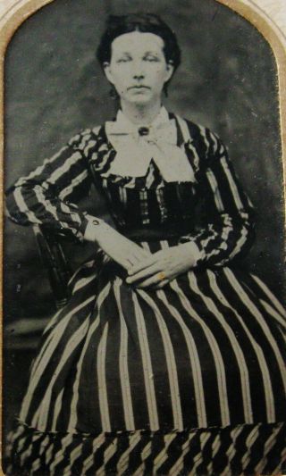 Antique Tintype Photo Of A Lovely Young Woman Wearing A Pretty Striped Dress
