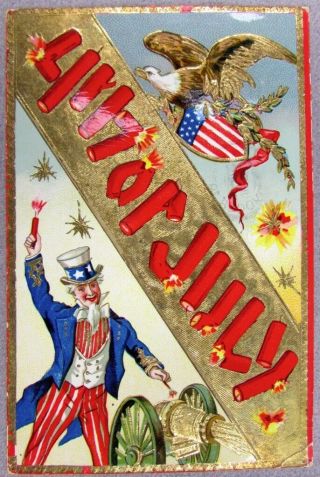 July 4th Embossed Post Card Uncle Sam Patriotic Fireworks 1911
