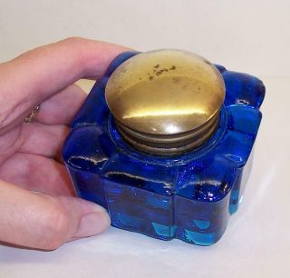 Vintage/antique Heavy Square Blue Glass Brass Ink Well Inkwell Chunky Art Deco