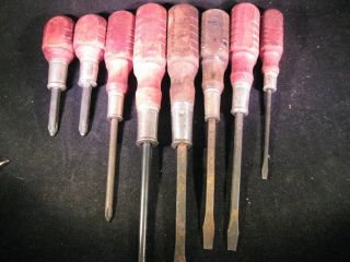 Set Of 8 Vintage Wood Handled Screwdrivers Phillips & Flat Head Standard