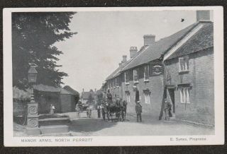 1910 North Perrott Manor Arms Pub Postcard Somerset Horse & Carts