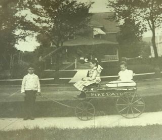 Vintage Old Photo Of Little Girls Being Pulled Fire Patrol Wagon House Illinois