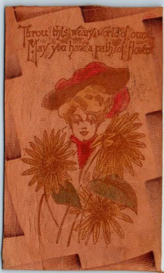 Vintage Leather Greetings Postcard " May You Have A Path Of Flowers " 1907 Cancel