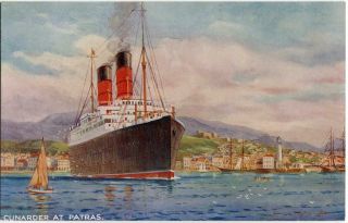 Greece Patras Port View Ship Cunarder Colour Postcard