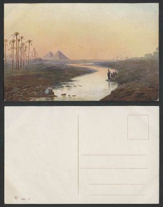 Egypt L Zullo Artist Signed Old Postcard Pyramids Nil Nile River Scene Palm Tree