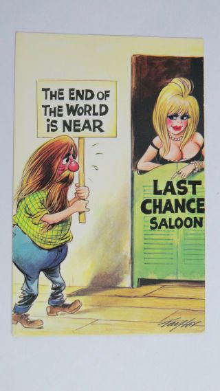 1970s Risque Vintage Comic Postcard Big Boobs Saloon Bar Doomsday Cult Pessimist