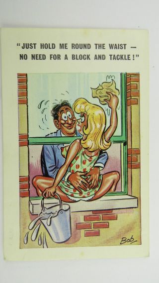 60s Vintage Saucy Comic Postcard Rugby League Union Nfl Window Cleaner Big Boobs