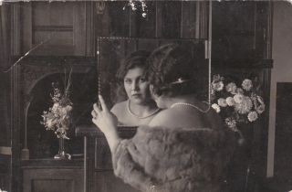 1931 Pretty Young Woman In Furs By The Mirror Fashion Old Russian Antique Photo