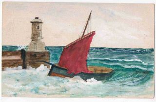 A Hand Drawn Postcard Of A Fishing Boat Passing A Light House,  C1910