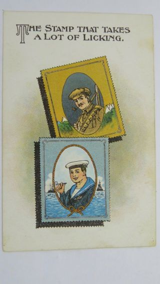 Ww1 Vintage Patriotic Comic Postcard Postage Stamp Philately Navy Sailor Soldier