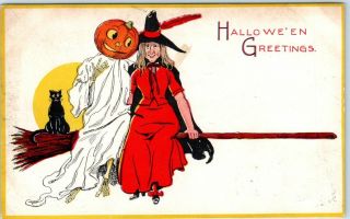Vintage Gibson Halloween Greetings Postcard Red Witch W/ Jol Head Ghost On Broom